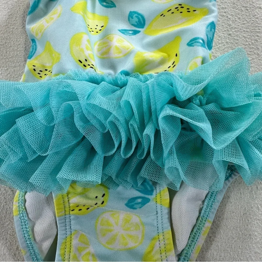 Cat & Jack Lemon Print Swimsuit with Tulle Overlay Sz 6-9 M